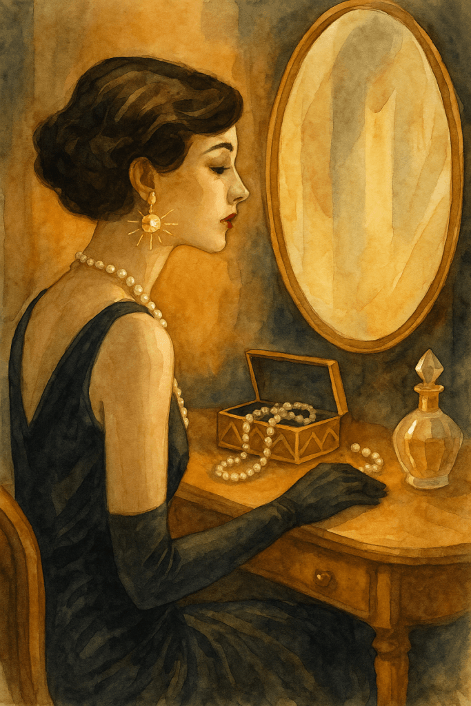 Akvarelová ilustrace ženy u toaletního stolku v Art Deco stylu, s perlovým náhrdelníkem, zlatými náušnicemi a šperkovnicí plnou perel; intimní glamour 20. let a elegantní atmosféra Art Deco Revival.