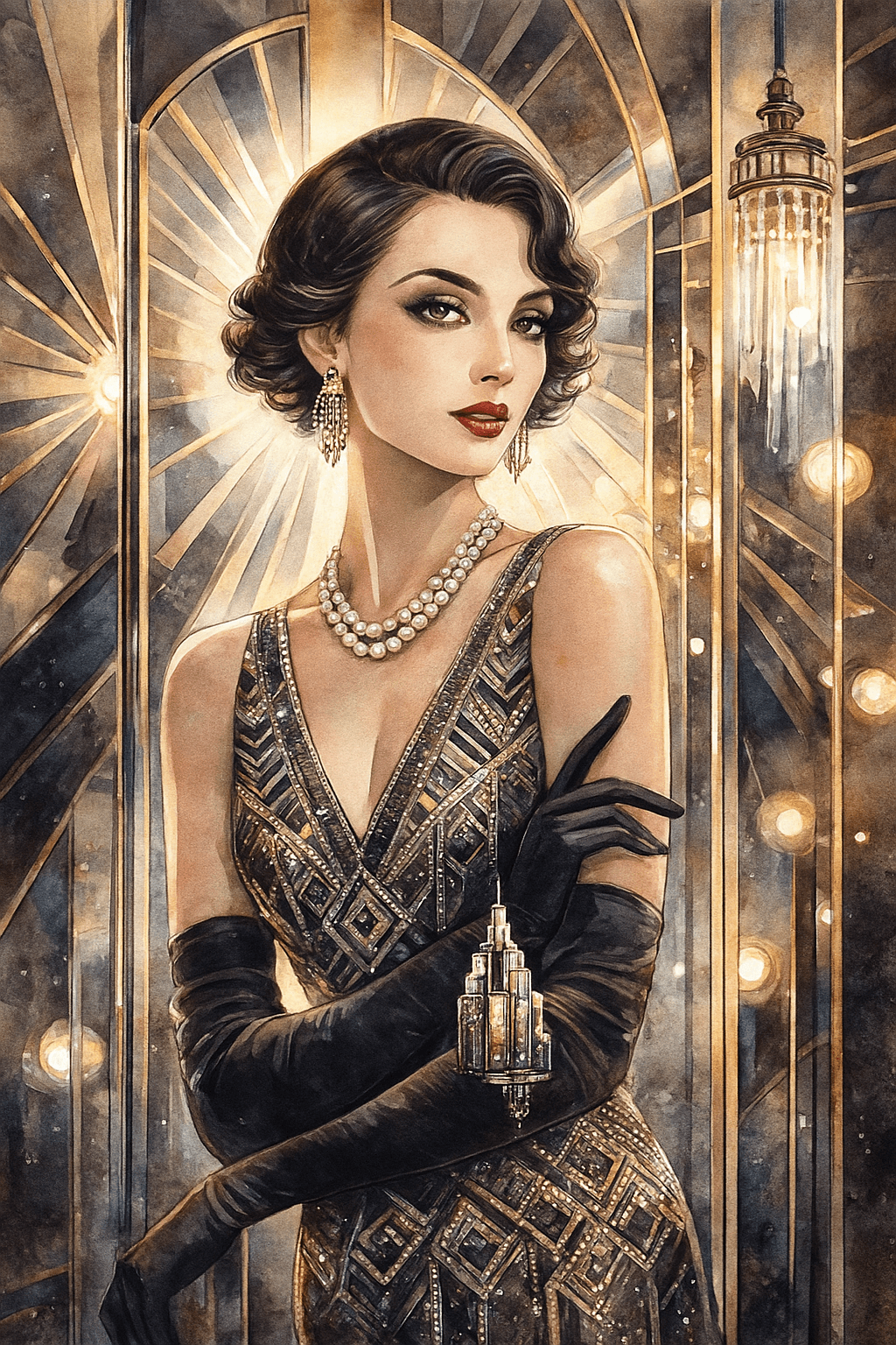 Paní Mrakodrapu Art Deco elegánka ve světlech města