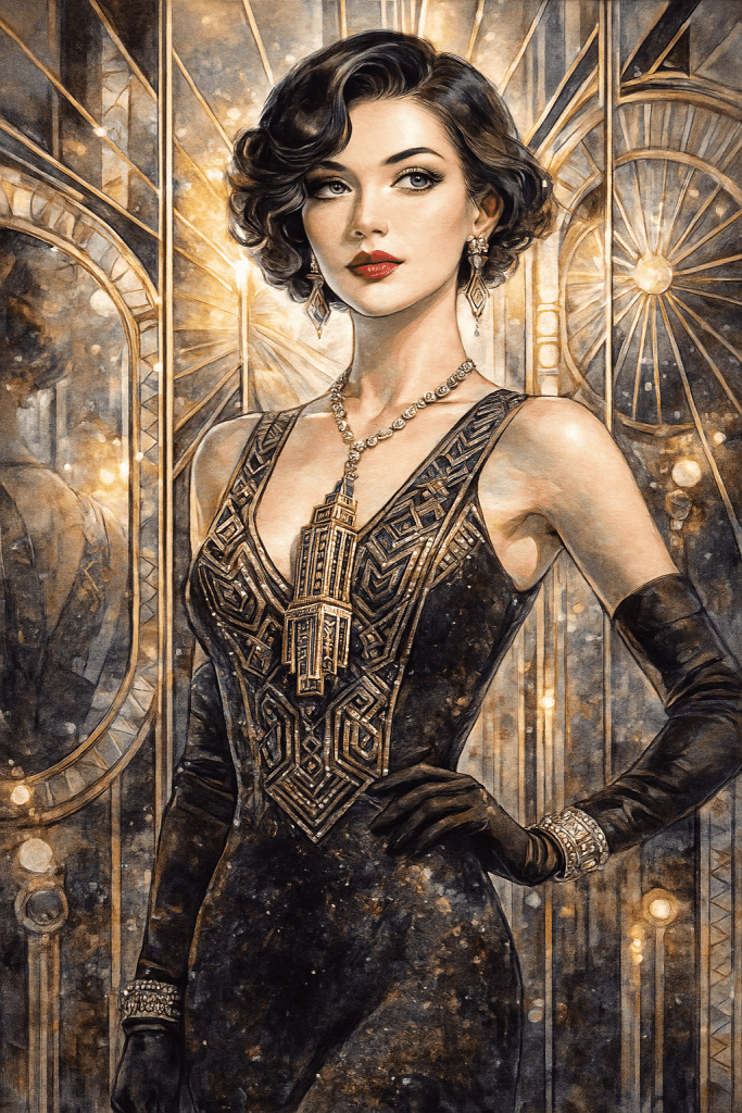 Akvarelový portrét ženy v Art Deco stylu, s krátkými vlnitými vlasy, geometrickými zlatými šaty a výrazným náhrdelníkem připomínajícím mrakodrap; luxusní glamour 20. let, zlaté paprsky a elegantní šperky v duchu Art Deco Revival.