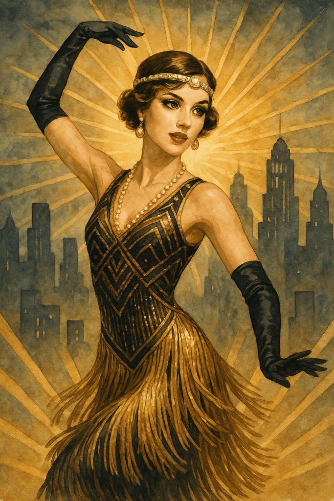 Akvarelová ilustrace Art Deco tanečnice ve zlatých třásňových šatech s geometrickým vzorem, perlovou čelenkou a dlouhými rukavicemi; glamour 20. let, městské světlo, zlaté paprsky a styl Art Deco Revival.