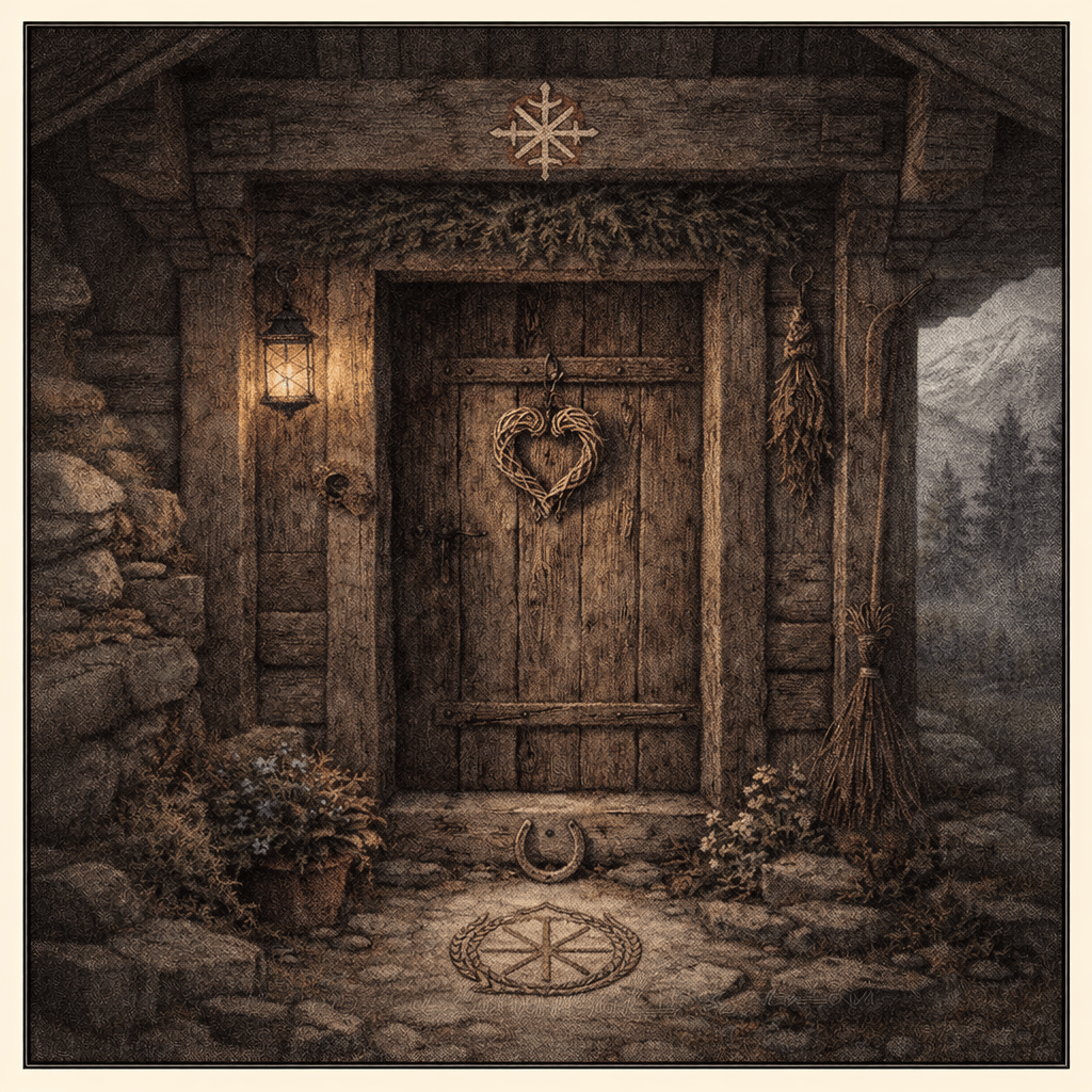 Akvarelová ilustrace horského stavení s dřevěnými dveřmi, ochrannými symboly a rituálními předměty u prahu, symbolizující alpsko-karpatský folklor, domácí magii a ochranu prostoru.