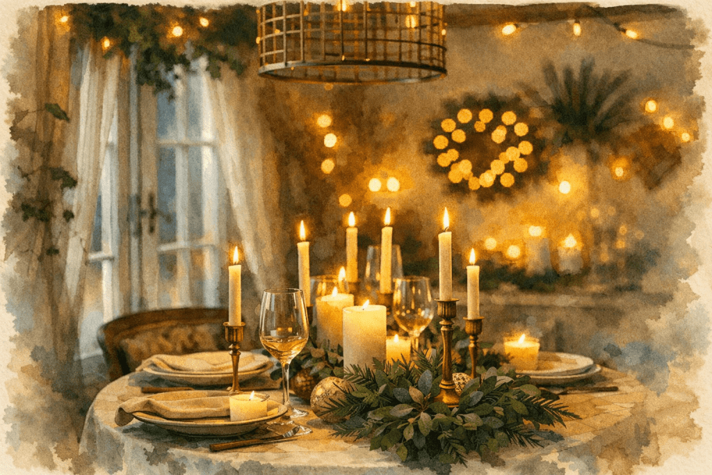 Boho silvestrovský stůl se svíčkami, jemným světelným řetězem a zelenými větvičkami, tlumené teplé světlo vytvářející klidnou a slavnostní atmosféru interiéru.