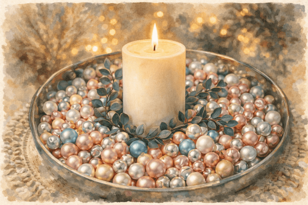 Boho svícen na podnosu naplněný korálky v pastelových a zlatých tónech, doplněný zelenými lístky a teplým světlem svíčky vytvářejícím klidnou atmosféru.