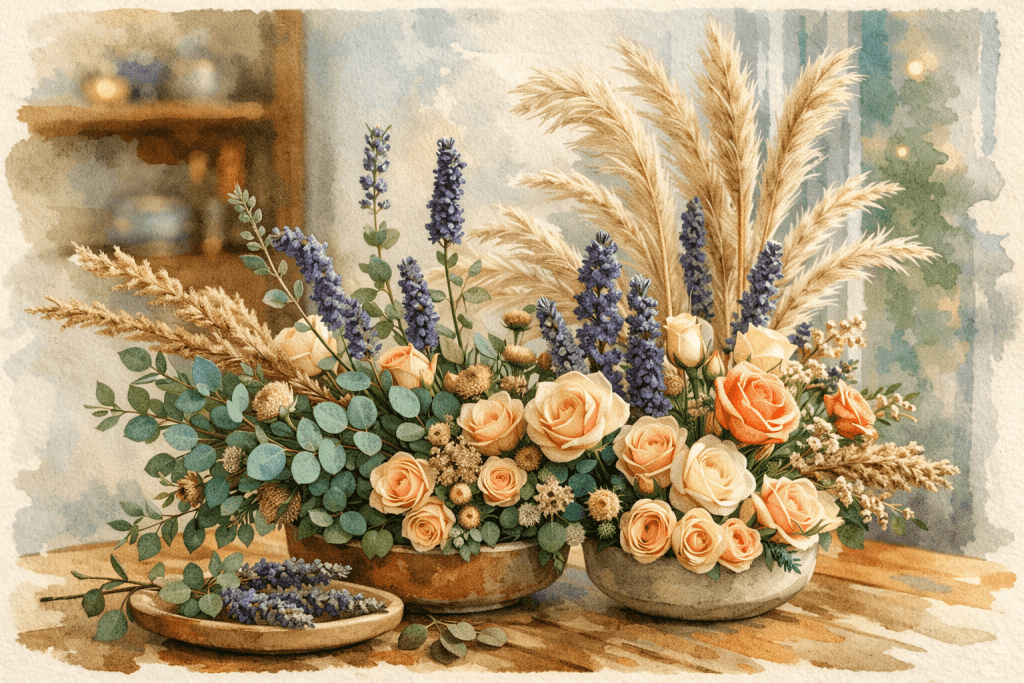 Boho květinová dekorace z růží, levandule, eukalyptu a sušených trav v miskách, jemná přírodní výzdoba v pastelových a zemitých tónech s klidnou atmosférou.