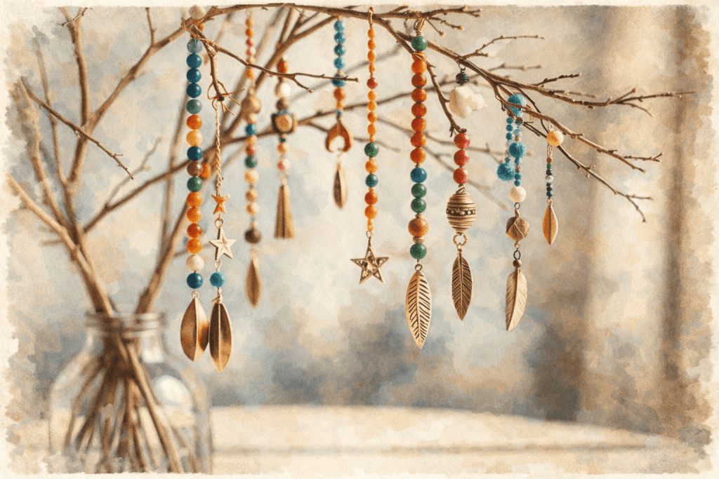 Boho závěsné dekorace z korálků a kovových přívěsků zavěšené na suchých větvičkách ve váze, jemná přírodní výzdoba v teplých zemitých a pastelových tónech.