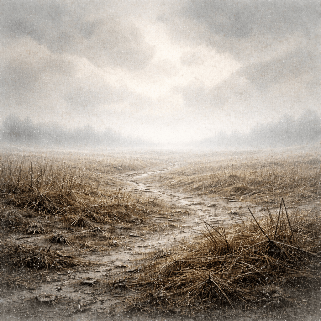 Akvarelová ilustrace prázdné, vyhaslé krajiny bez stop života, symbolizující slovanský mýtus Ducha konce světa, konec cyklu a ticho bez návratu.