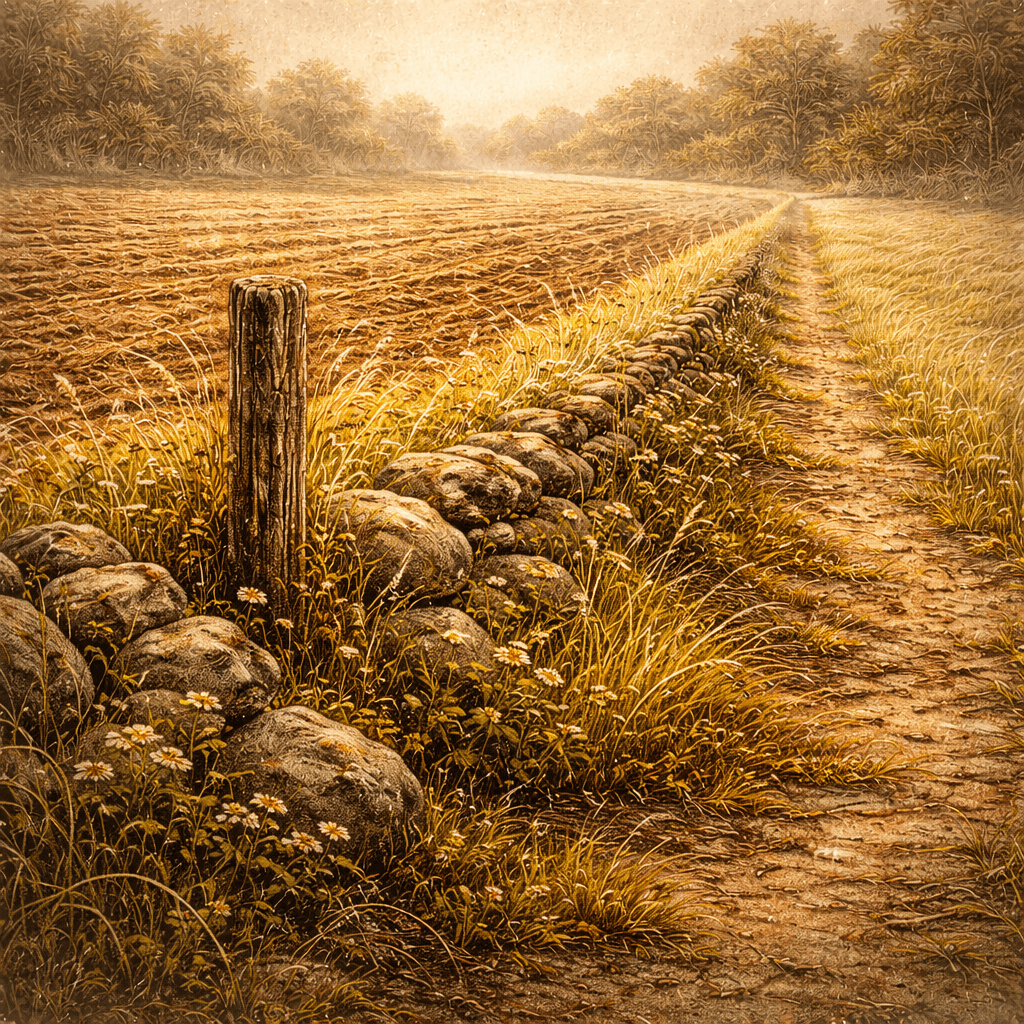 Akvarelová ilustrace kamenné meze a polní cesty mezi zlatými poli v podzimním světle, symbol slovanské mytologie – Duch pole a Duch mezí jako ochránci hranic krajiny, rovnováhy a přechodových míst.