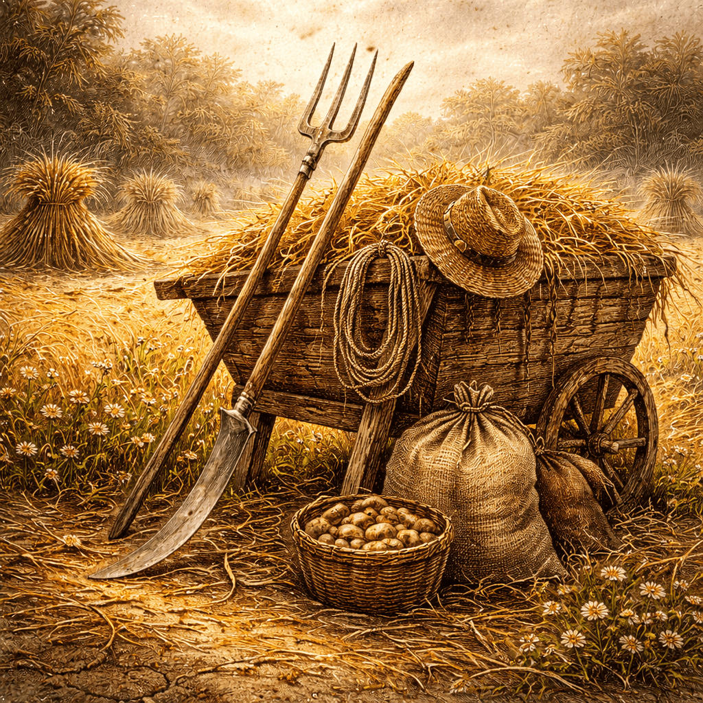 Akvarelová ilustrace venkovské scény s vozíkem plným obilí, pracovním nářadím, pytli a slaměným kloboukem na poli, symbol slovanské mytologie – Duch práce jako zosobnění dřiny, vytrvalosti, každodenní námahy a vztahu člověka k zemi.