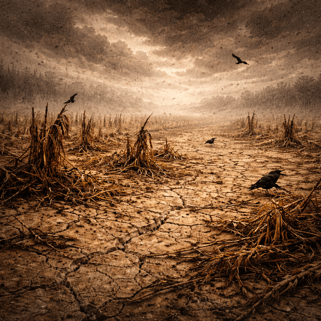 Akvarelová ilustrace vyprahlé popraskané krajiny s uschlými klasy, temným nebem a černými ptáky, symbol slovanské mytologie – Duch sucha a Duch hladu jako zosobnění nedostatku, zmaru a hrozby vyhasnutí života.