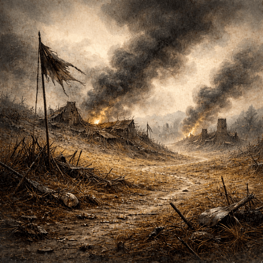 Akvarelová ilustrace Ducha války – tichá krajina po bitvě s kouřem, troskami a stopami zkázy, kde přítomnost války přetrvává i po odchodu lidí.