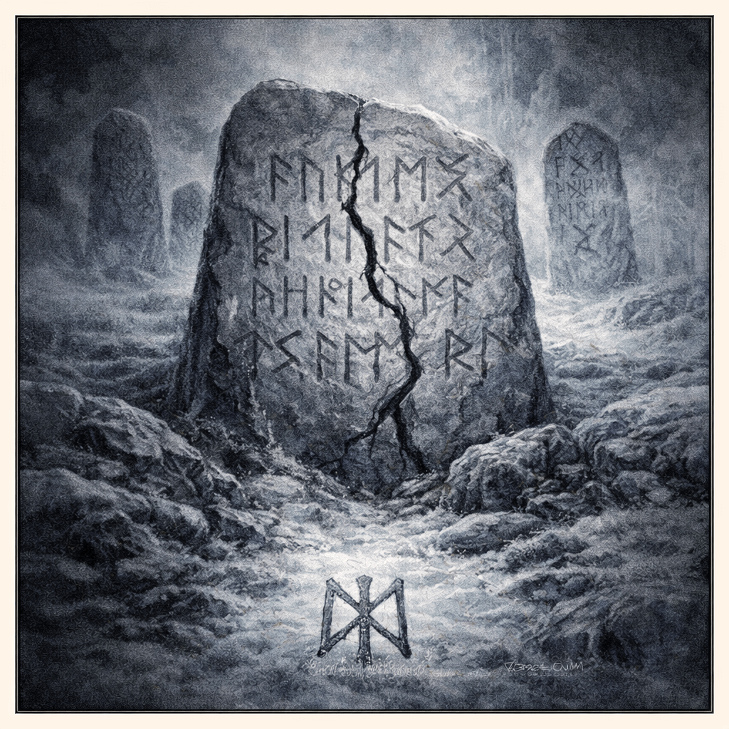 Akvarelová ilustrace kamenného menhiru s vyrytými runami v mlhavé krajině, symbolizující germánskou mytologickou vrstvu, paměť kamene, osud a posvátné písmo.