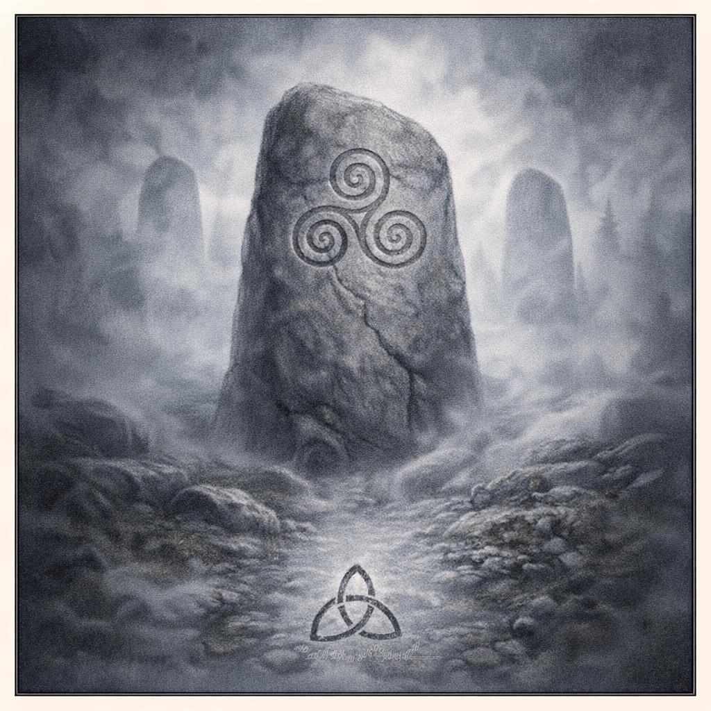 Akvarelová ilustrace kamenného menhiru s trojitou spirálou v mlhavé krajině, symbolizující keltské mytologické vrstvy, cykličnost času, přírodní řád a posvátnou geometrii.