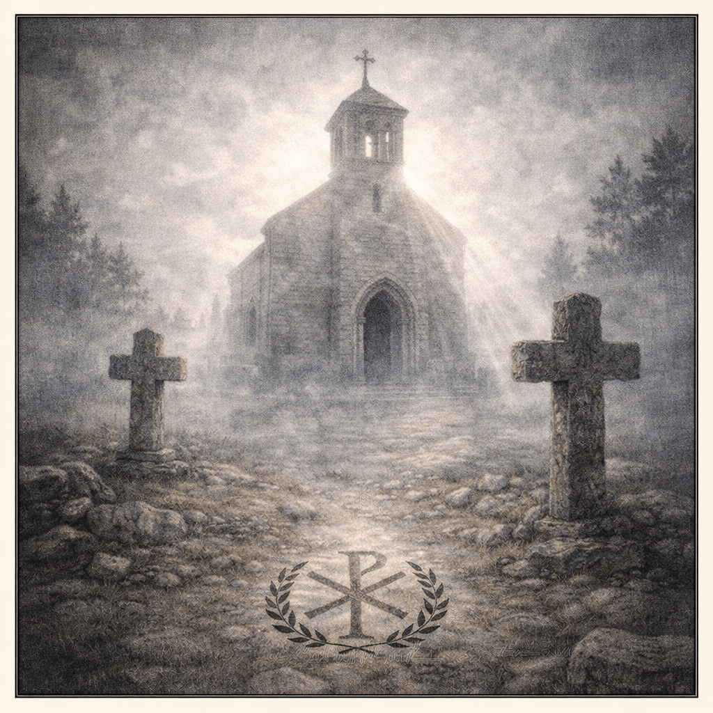 Akvarelová ilustrace kamenného kostela s kříži v mlhavé krajině a starším symbolickým motivem v popředí, symbolizující křesťanskou mytologickou transformaci a prolínání nových a starších duchovních vrstev.