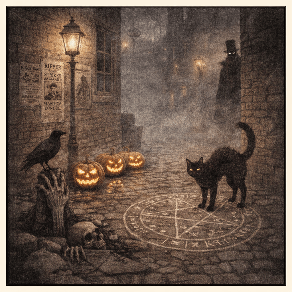 Akvarelová ilustrace mlhavé městské uličky s ochranným kruhem, dýněmi, zvířaty a stíny architektury, symbolizující městský folklor, novověké legendy a proměnu mýtů v moderním prostředí.