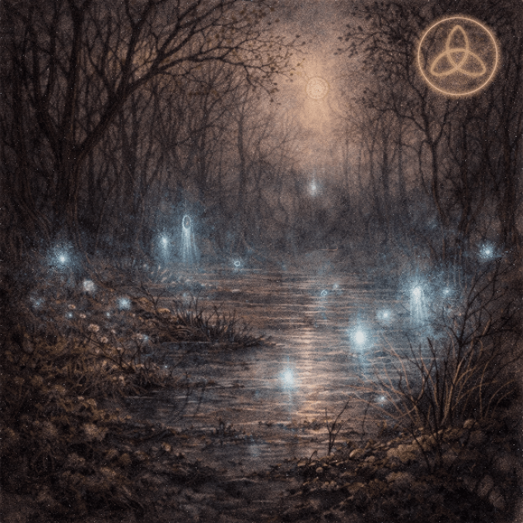 Navový duch ve slovanské mytologii – bloudící duše a duch posledního dechu v mlhavé noční krajině u vody