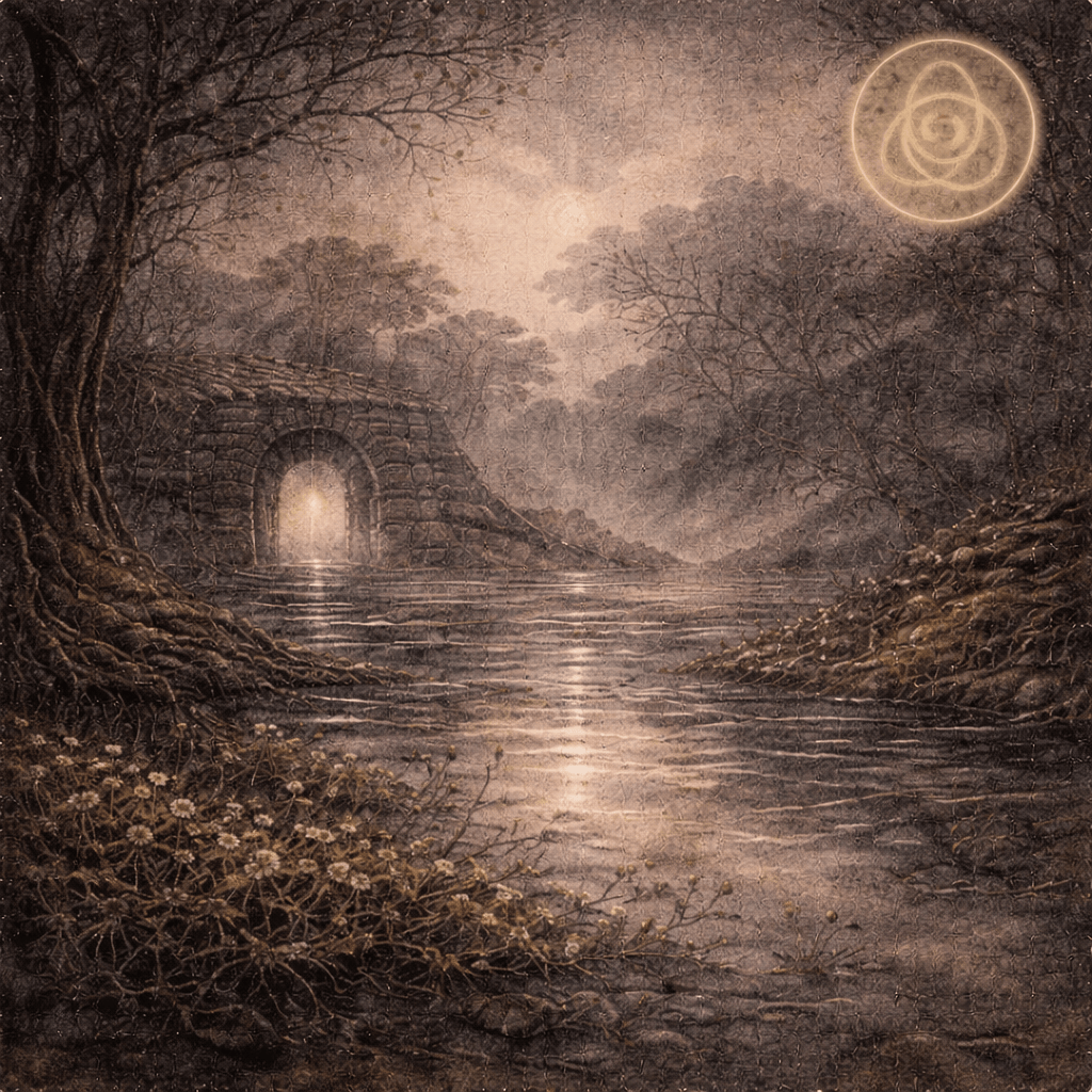 Slovanská mytologie Nav – mlhavá krajina s řekou a kamenným průchodem do světa mrtvých, tiché místo přechodu mezi životem a smrtí