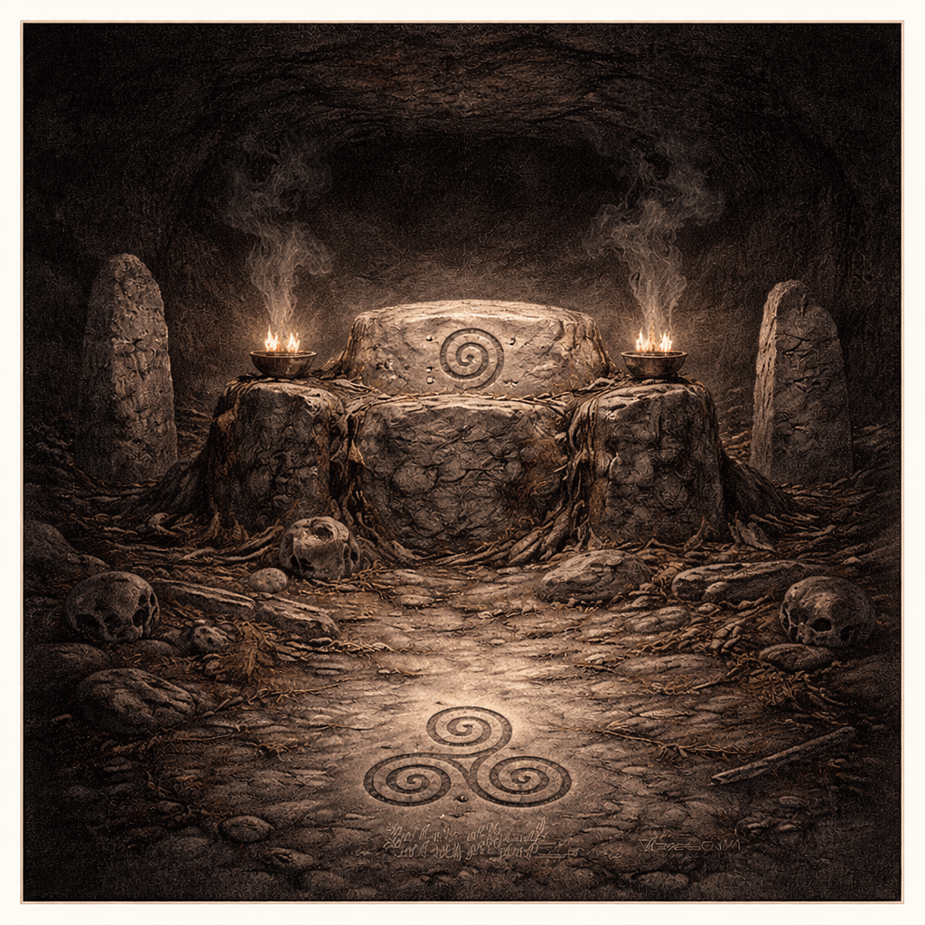 Akvarelová ilustrace podzemního rituálního prostoru s kamenným oltářem, spirálovými symboly a ohništi, symbolizující předindoevropské a archaické vrstvy, prastaré rituály a paměť země.