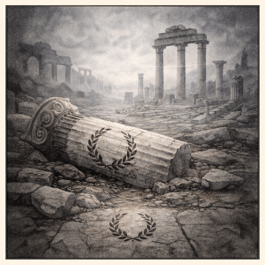 Akvarelová ilustrace antických ruin s padlým sloupem a vavřínovým symbolem, symbolizující římsko-antické vlivy, kulturní kontinuitu, moc řádu a dědictví klasické civilizace.