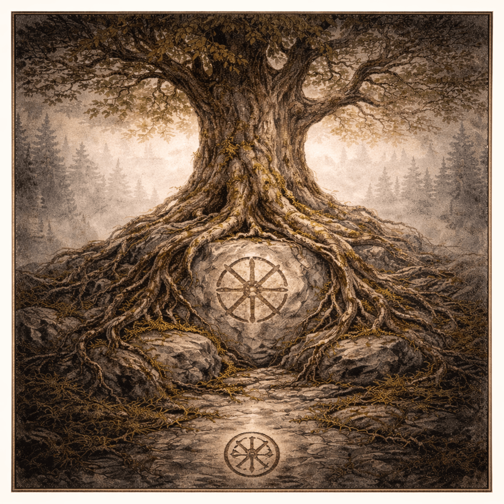 Akvarelová ilustrace mohutného stromu s odkrytými kořeny a slunečním symbolem v kameni, symbolizující slovanskou mytologii, propojení světa lidí, přírody a kosmického řádu.