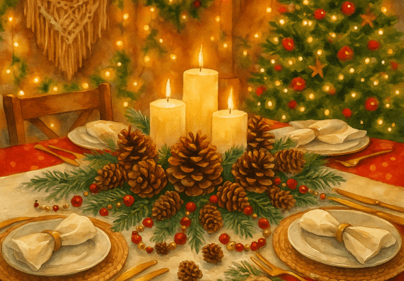 vanocni_stul_sisky_koralky_svice_boho_akvarel