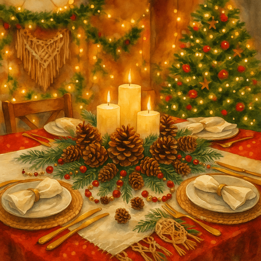 vanocni_stul_sisky_koralky_svice_boho_akvarel