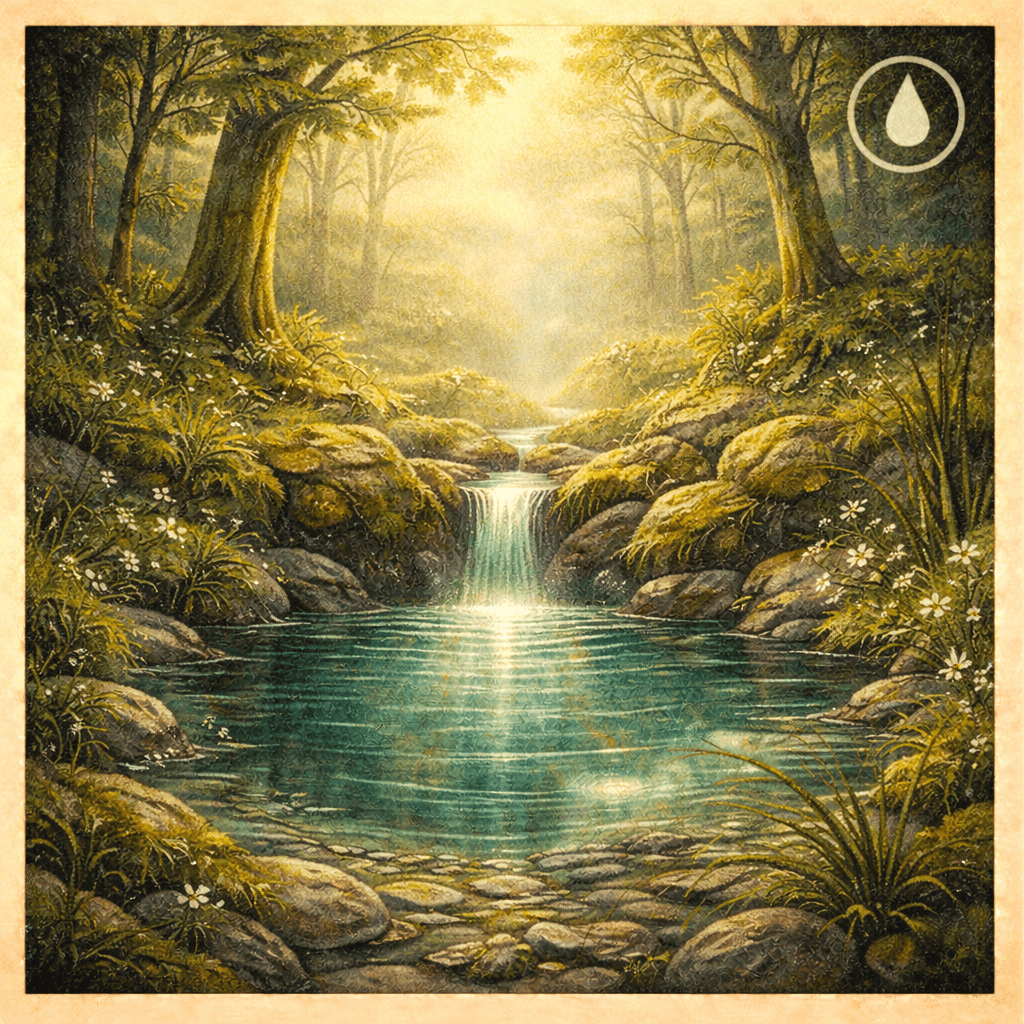 Akvarelová ilustrace lesní tůně s průzračnou vodou, drobným vodopádem, mechem porostlými kameny a jemným světlem pronikajícím mezi stromy, symbolizující slovanské duchy vody – ducha tůně, ducha studánky a ducha pramene jako zdroj života, očisty a paměti krajiny.