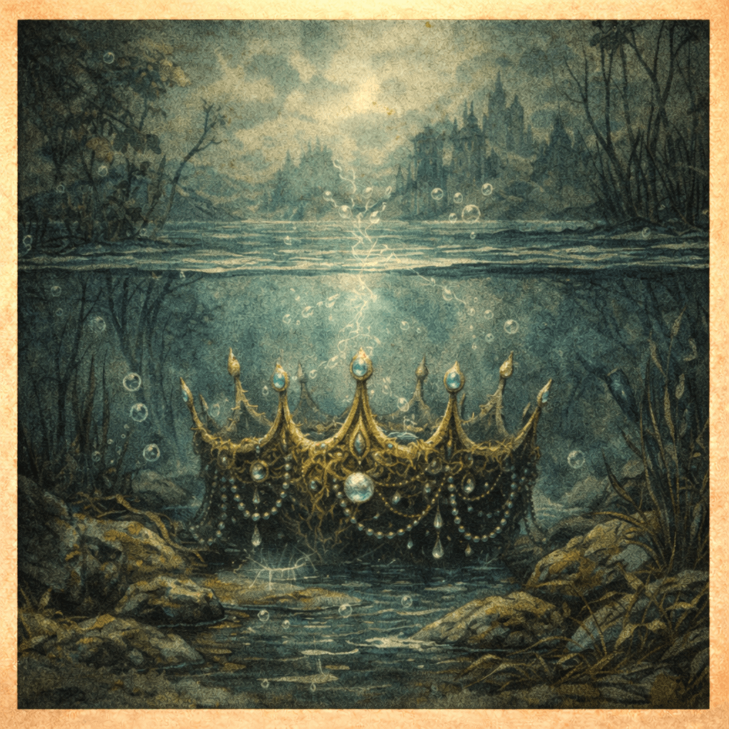 Akvarelová ilustrace temné vodní krajiny se zatopeným královstvím, korunou spočívající na dně řeky a klidnou hladinou nad ní, symbolizující slovanského vodníka, Vodjanoje, hastrmana a archetyp vodního muže jako vládce hlubin a skrytých světů.
