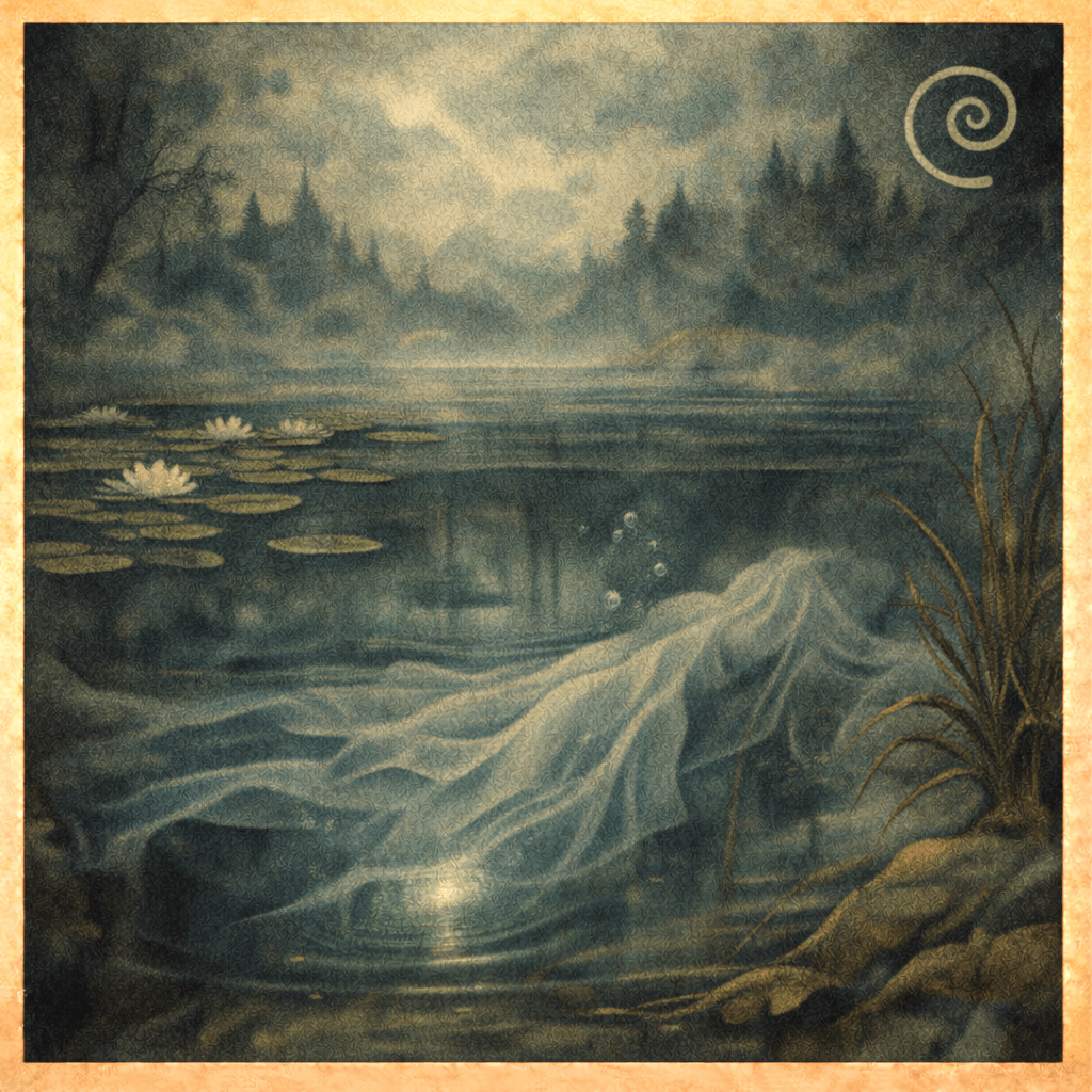 Slovanská mytologie: Akvarelová ilustrace tiché vodní hladiny s ponořenou ženskou siluetou zahalenou v závoji, lekníny na hladině a mlžnou krajinou v pozadí, symbolizující slovanskou rusalku, utopenou pannu, vodní pannu a bažinnou ženu jako bytost mezi životem, smrtí a vodním světem.