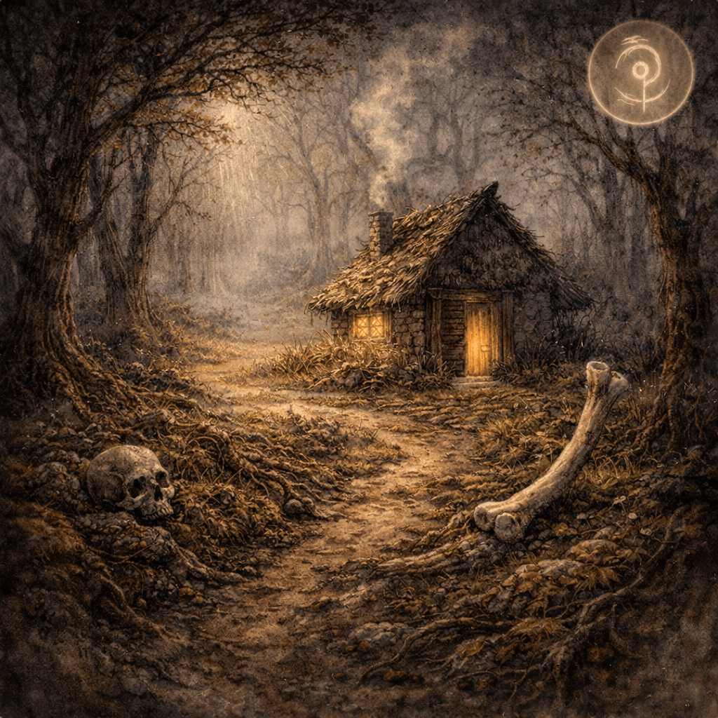 Akvarelová ilustrace lesní chalupy v temném pralese, spojená se slovanskou mytologií a postavou Baby Jagy. Motiv lesa, prahu a iniciačního prostoru.