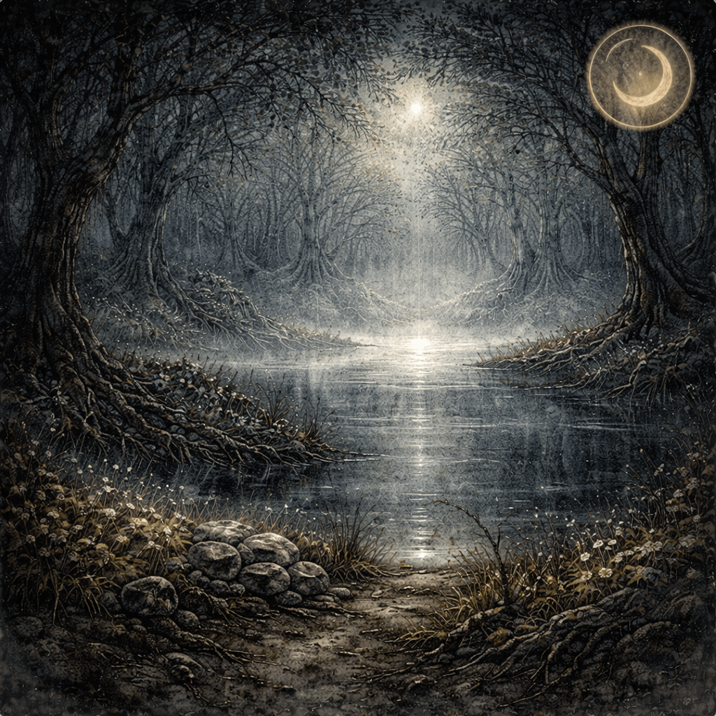 Akvarelová ilustrace noční lesní krajiny s vodní hladinou a mlhou, symbolizující slovanské ženské hraniční bytosti – Ježibabu, Klekánici a Ženu noci.