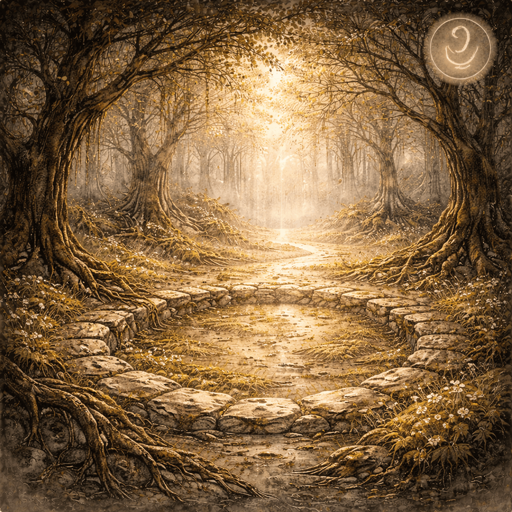 Akvarelová ilustrace lesní cesty tvořící kamenný kruh mezi starými stromy, zalitá měkkým zlatým světlem. Symbolický prahový prostor spojený se slovanskou mytologií, osudem a ženskými hraničními bytostmi.