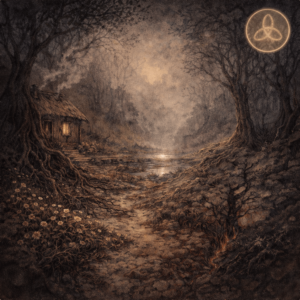 Akvarelová ilustrace mlhavého lesa s úzkou cestou, obraz slovanských ženských bytostí spojených s porodem, divokostí a hranicí mezi světy – porodní démonky a divoženky.