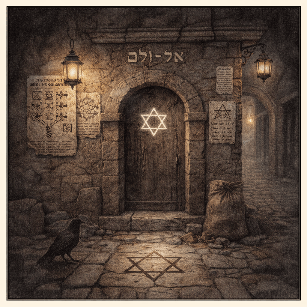Akvarelová ilustrace městského průchodu s kamennými zdmi, hebrejskými nápisy a ochrannými symboly na dveřích, symbolizující židovskou mystiku, městskou magii a duchovní vrstvy skryté v každodenním prostoru.