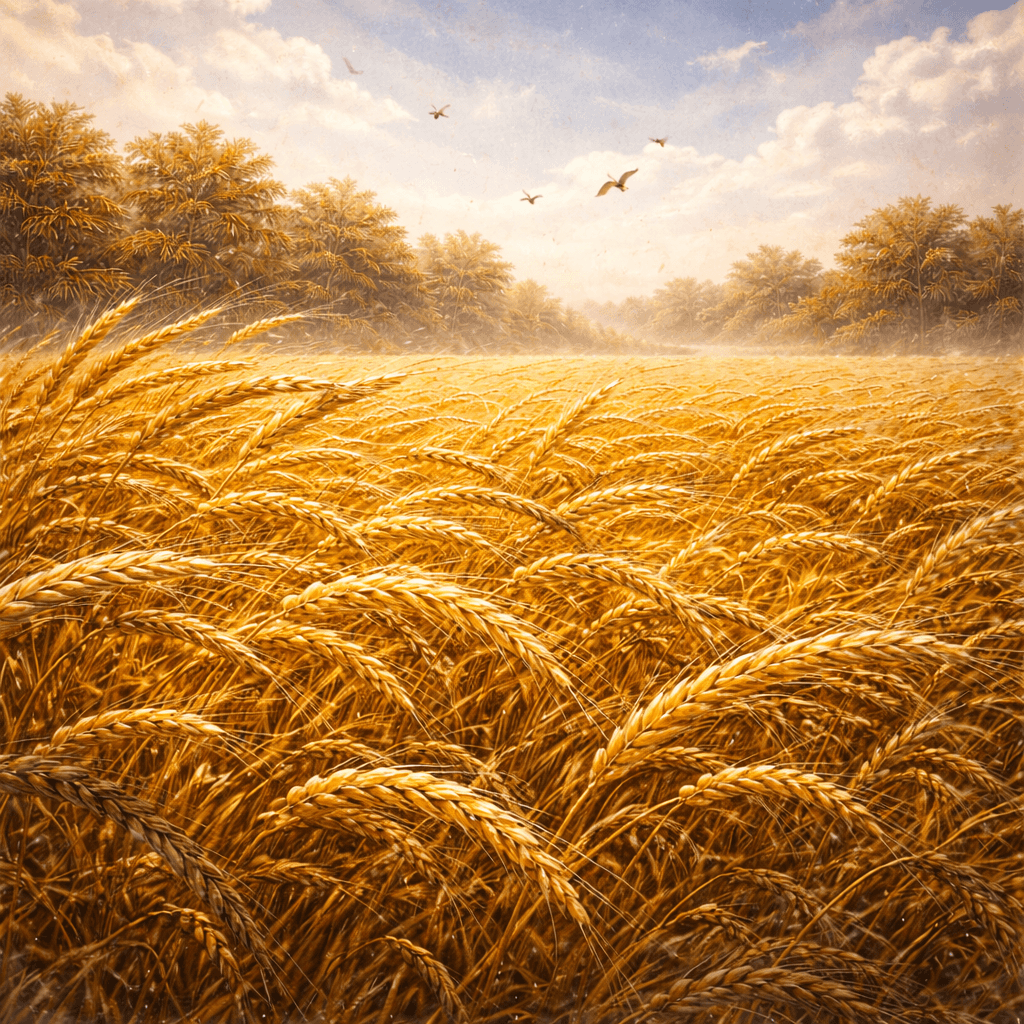 Akvarelová ilustrace zralého žitného pole v teplém letním světle, vlnící se klasy obilí s ptáky nad krajinou, symbol slovanské mytologie – Žitná baba, Obilní duch a Duch úrody jako zosobnění plodnosti, hojnosti a cyklu sklizně.