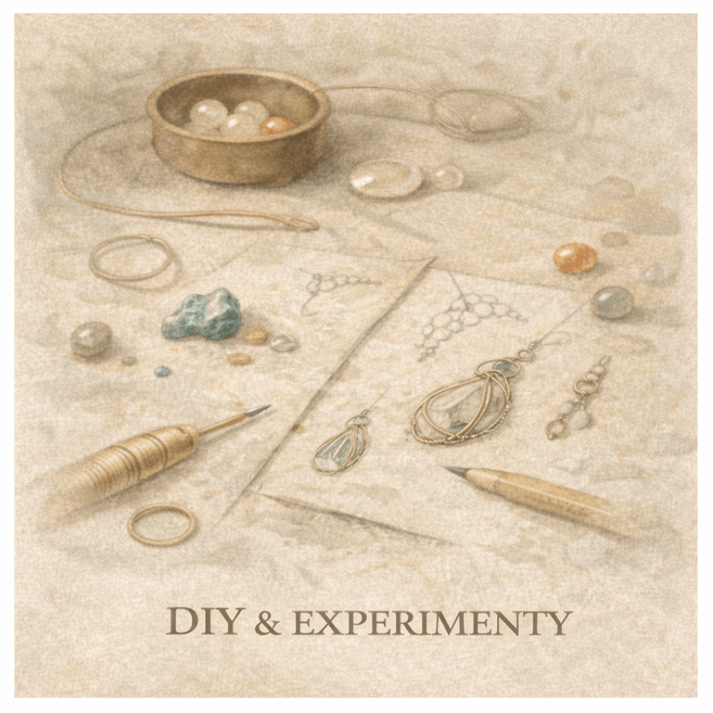 Akvarelová ilustrace DIY šperkařských experimentů, skici šperků, drát, korálky, kameny a nástroje rozložené na jemném papírovém pozadí.