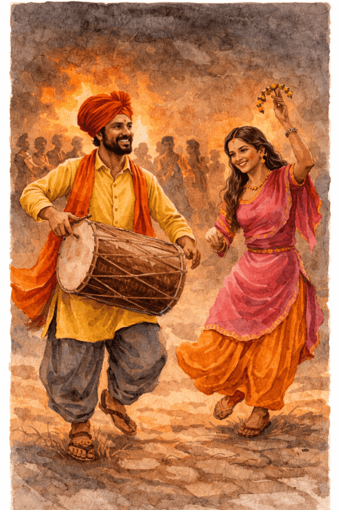 Dva lidé v tradičních indických kostýmech tančí a hrají na bubny během oslavy Lohri s ohněm na pozadí.