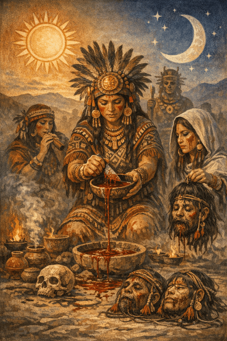 Detail starověkého rituálu s obětováním a symboly v kultuře Nazca, zobrazující duchovní obřad s maskami, lebkami a symboly přírody.