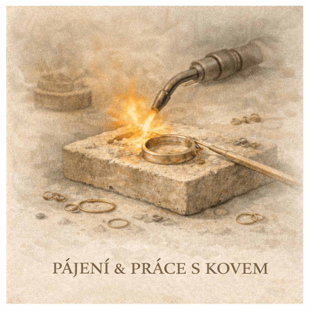 Akvarelová ilustrace pájení šperků, práce s kovem, prsten zahřívaný plamenem na kamenné podložce, jemná dílenská atmosféra.