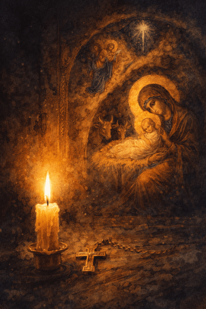 Pravoslavné Vánoce – ikona narození Krista s Pannou Marií a dítětem Ježíšem, zapálená svíčka a pravoslavný kříž v tiché noční scéně symbolizující světlo v temnotě