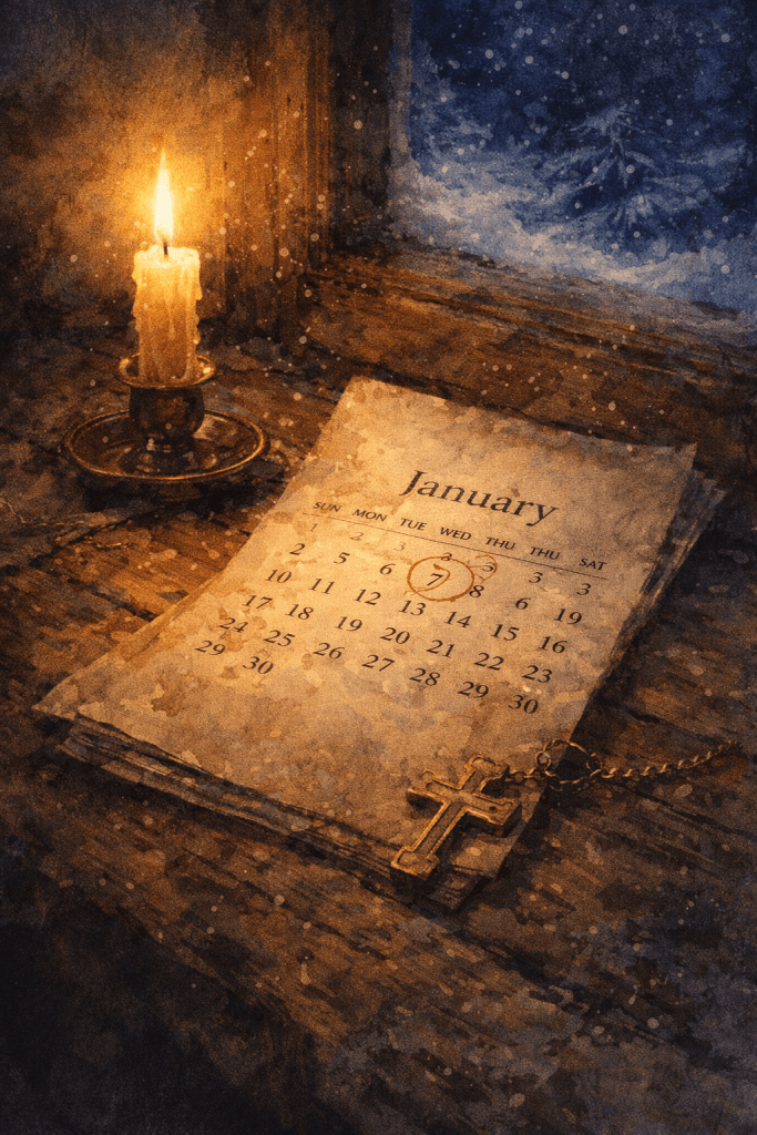 Pravoslavné Vánoce – juliánský kalendář s vyznačeným 7. lednem, zapálená svíčka a pravoslavný kříž na dřevěném stole u zimního okna symbolizující jiný rytmus času