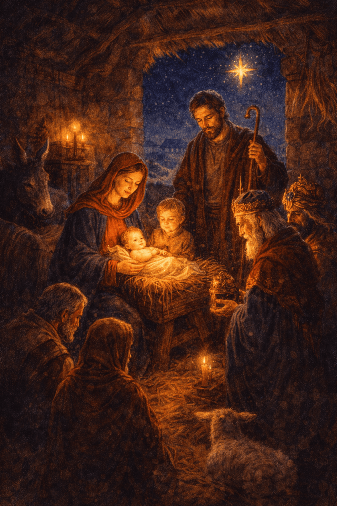 Pravoslavné Vánoce – narození Krista v jeskyni, Panna Maria s dítětem Ježíšem obklopená Josefem, pastýři a mudrci, osvětlené svíčkami a betlémskou hvězdou v tiché noční scéně
