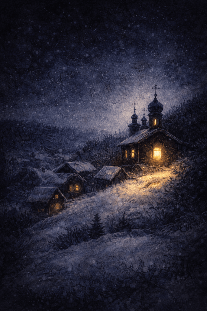 Pravoslavné Vánoce – zimní noční krajina s malým pravoslavným kostelem a osvětlenými okny v zasněžené vesnici, ticho, sníh a světlo uprostřed temnoty