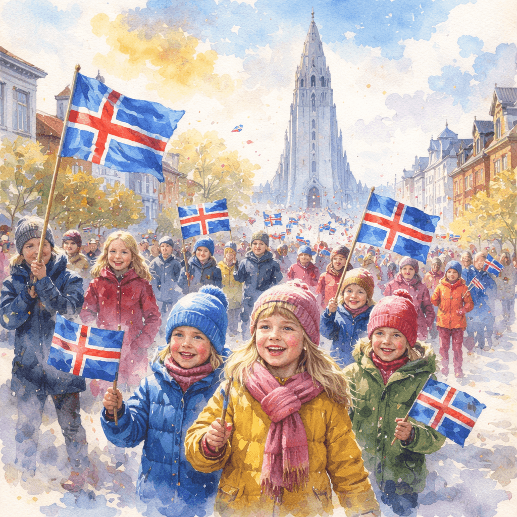 Děti s islandskými vlajkami slaví jaro na ulici, radost a nadšení.