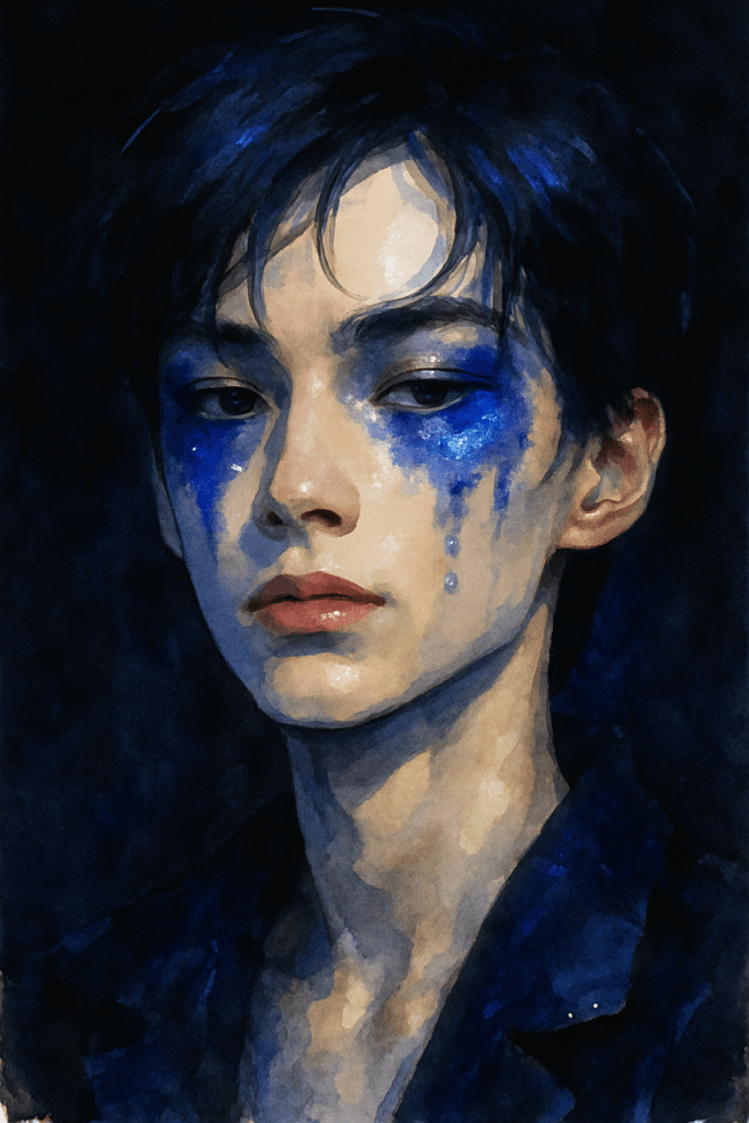 Portrét muže s výrazným modrým make-upem a tmavými vlasy, symbolizující genderovou fluiditu a umělecký výraz v kontextu K-pop kultury.