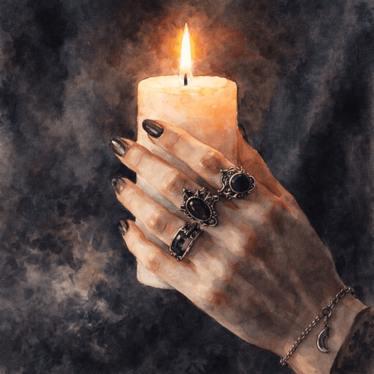 Detailní záběr na ruku s temnými šperky a zápalkou, symbolizující gotickou estetiku a zájem o temné motivy, lebky a mystiku v rámci gotické subkultury.