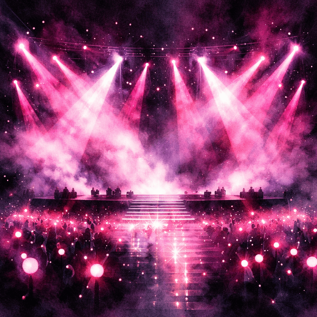 K-pop konser sahnesi, pembe ışıklar altında büyük bir kalabalık ve sahne performansı atmosferi