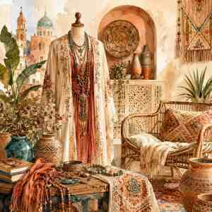 Boho-Stil mit Perlenschmuck, bestickter Kleidung, Keramik, Textilien und Rattan-Interieur
